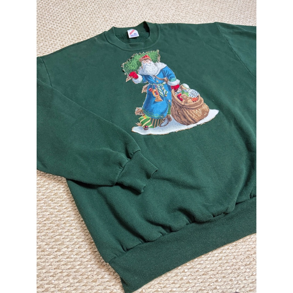 Vintage Jerzees Christmas Santa Sweatshirt XL Green 90'e USA embroidered sweater - Picture 5 of 7